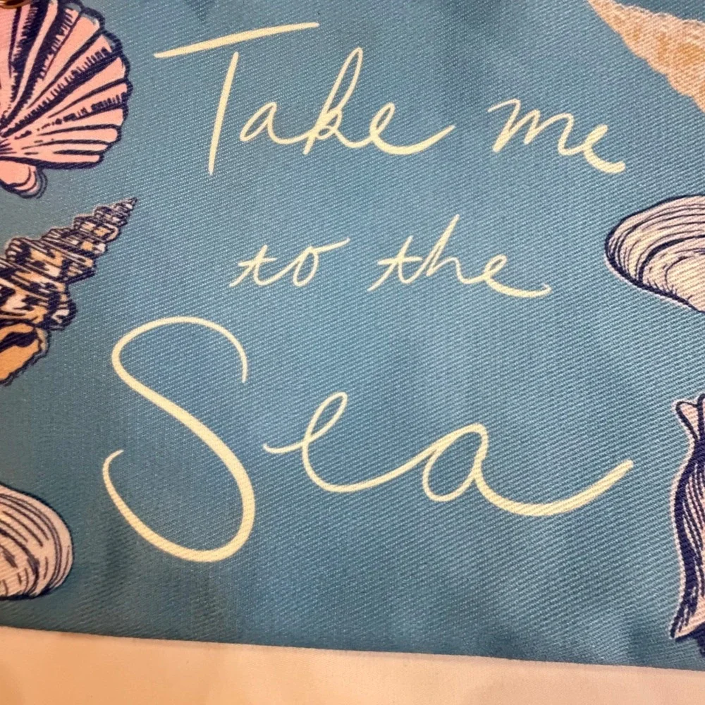 Loft Outlet Blue Take Me To The Sea Seashell‎ Canvas Pouch Clutch Rope Tassel